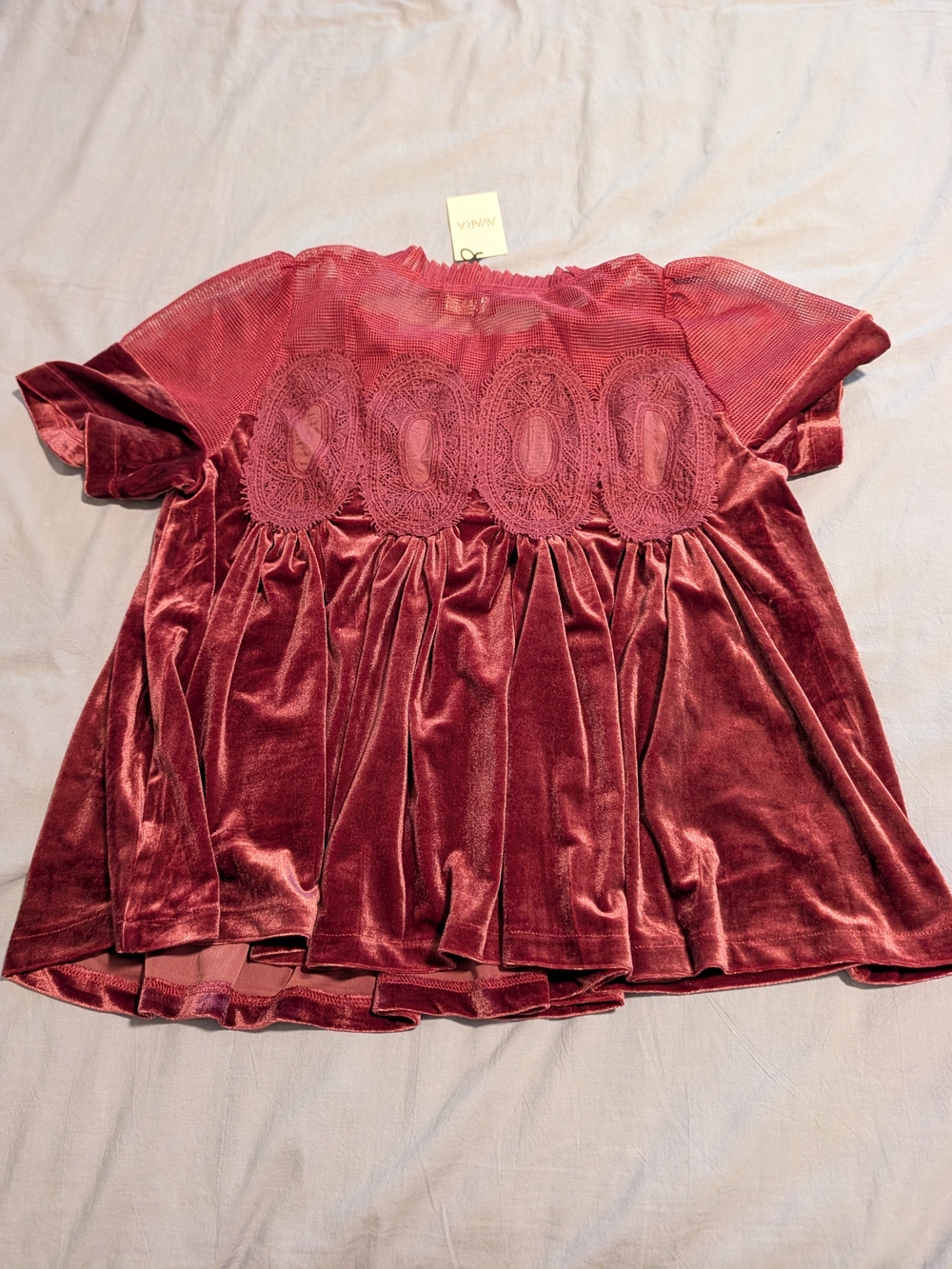 Fate Velvet Lace-Detail Short Sleeve Top - Wine
